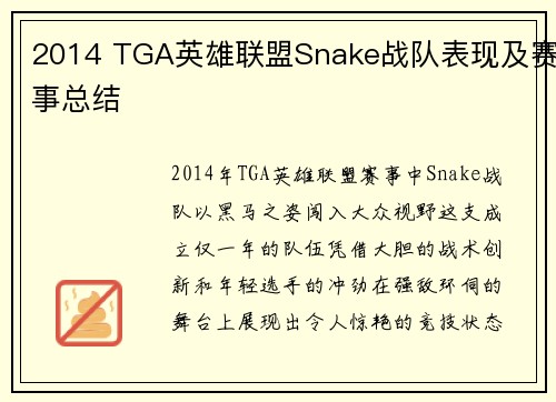 2014 TGA英雄联盟Snake战队表现及赛事总结